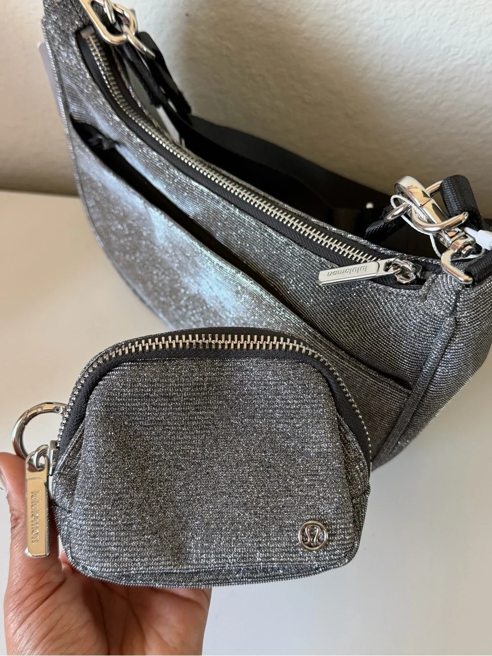 lululemon athletica Silver Glitter Shoulder Bag with Mini Pouch